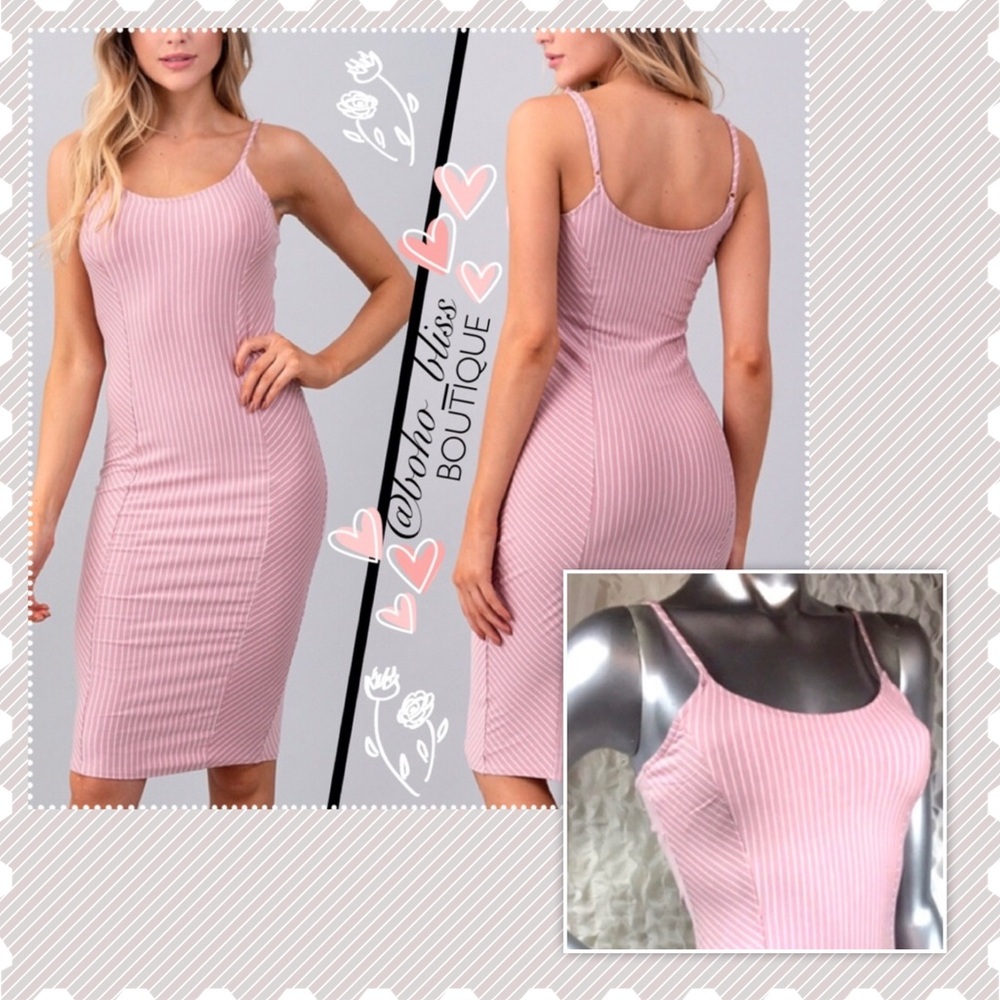 Pink Pinstripe Spaghetti Strap Midi Dress NEW
